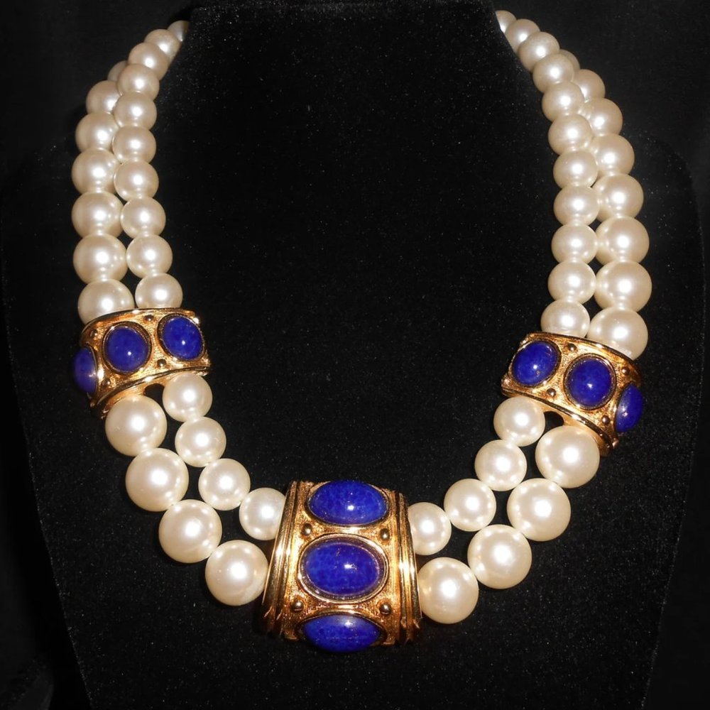 Signed Vintage 80s Two Strand Faux Pearl & Lapis Choker Necklace + Earrings